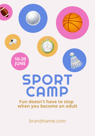 Реклама летнего спортивного лагеря со спортивным инвентарем и мячами Poster 28x40in – шаблон для дизайна