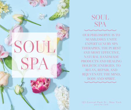 Spa Service Offer with Fresh Flowers on Blue Facebook Design Template