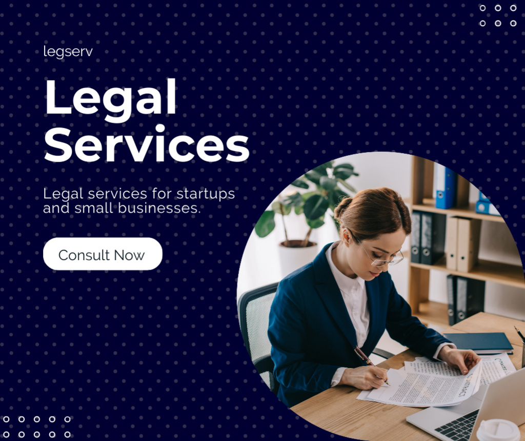 Szablon projektu Legal Services Offer with Woman Lawyer in Office Facebook