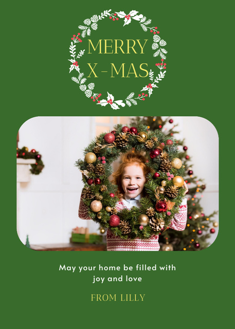 Ontwerpsjabloon van Postcard 5x7in Vertical van Mesmerizing Christmas Greeting From Little Girl With Wreath