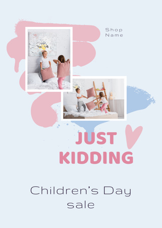 Platilla de diseño Children's Day Sale Ad with Pillow Fight Postcard 5x7in Vertical