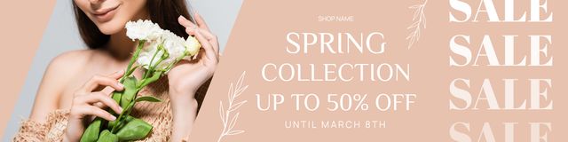 Spring Collection Sale Announcement with Woman with Bouquet of Flowers Twitter Design Template