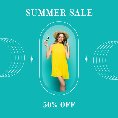 Summer Sale Announcement with Woman in Yellow Dress Instagram Design Template
