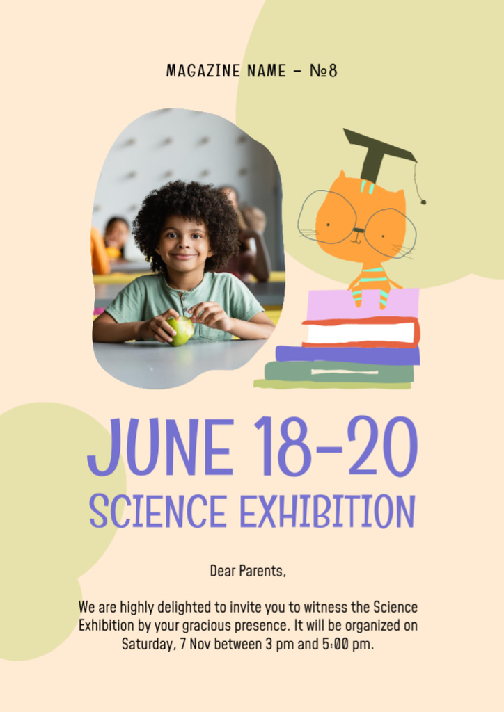 Designvorlage Science Exhibition Announcement with Little Pupil and Books für Newsletter