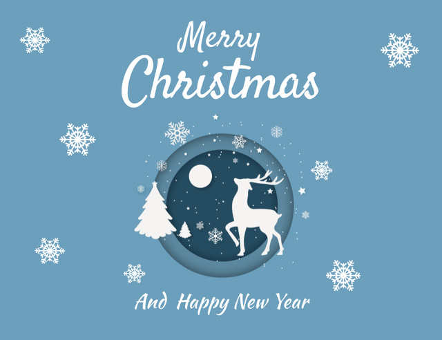 Designvorlage X-mas Holidays Greeting with Deer Shape on Blue für Thank You Card 5.5x4in Horizontal