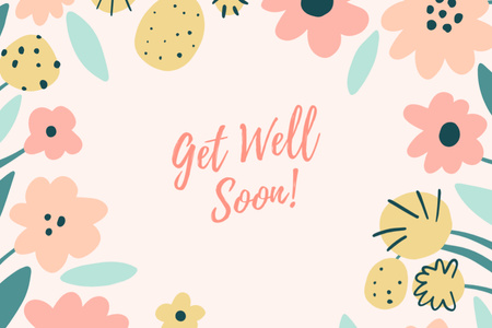Get Well Soon Wish with Doodle Flowers Postcard 4x6in Design Template