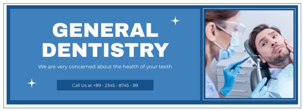 Ontwerpsjabloon van Facebook cover van Services of General Dentistry with Patient in Clinic