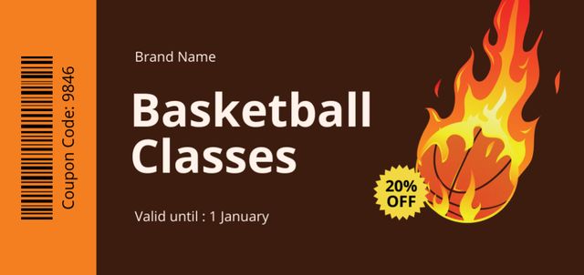 Basketball School Classes Ad with Burning Sports Ball Coupon Din Large Modelo de Design