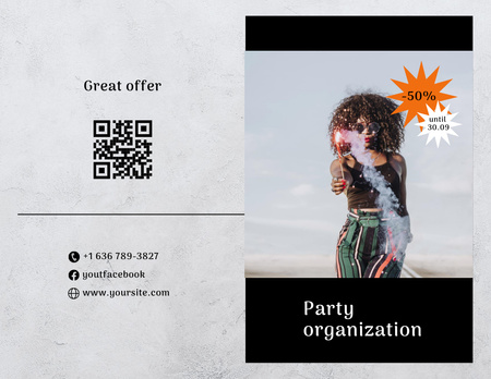 Modèle de visuel Party Organization Services Offer with Woman in Bright Outfit - Brochure 8.5x11in Bi-fold