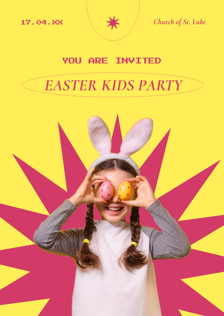 Easter Party Invitation with Funny Little Girl with Colored Eggs Poster A3 Design Template