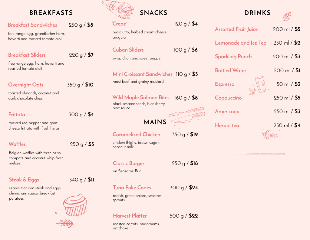 Cafe Breakfasts And Beverages Offer Menu 11x8.5in Tri-Fold Tasarım Şablonu