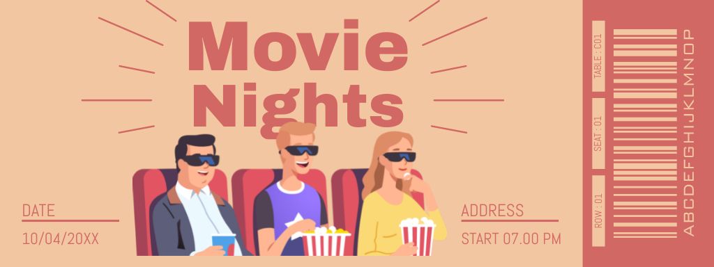 Movie Night Announcement with Spectators Wearing Glasses Ticket Design Template