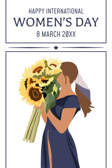 Women's Day Greeting with Woman holding Sunflowers Bouquet Pinterest Πρότυπο σχεδίασης