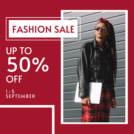 Fashion Sale with Stylish Woman with Laptop Instagram Design Template
