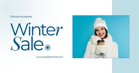 Designvorlage Ankündigung des Winterschlussverkaufs mit Frau in weißer Kleidung für Facebook AD
