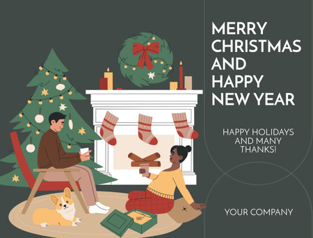 Template di design Christmas and New Year Greetings with Fine Illustration of Family Postcard 4.2x5.5in