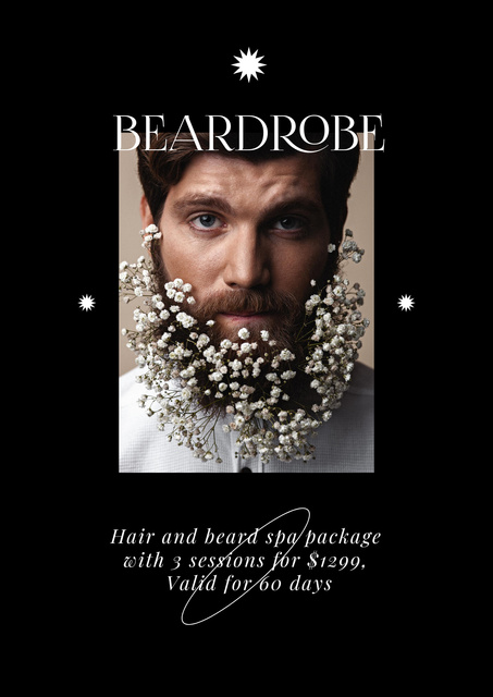 Barbershop Ad with Man with Flowers in Beard Posterデザインテンプレート