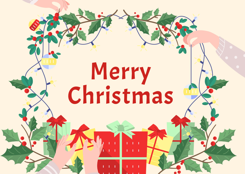 Platilla de diseño Christmas Cheers Wreath with Garland Postcard