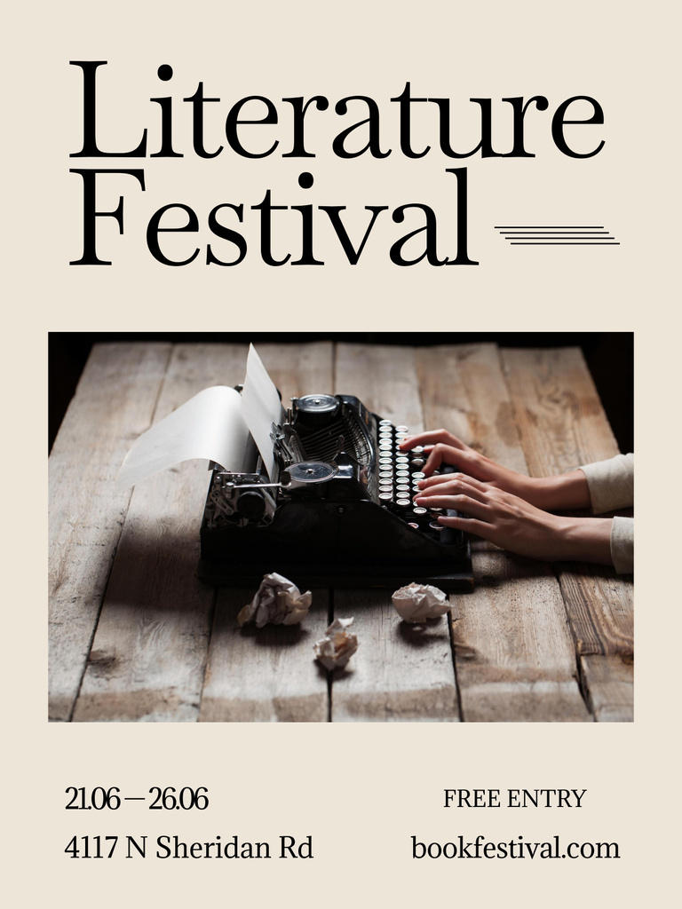 Literary Festival Announcement with Typewriter on Wooden Table Poster 36x48in Šablona návrhu
