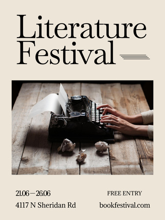 Literary Festival Announcement with Typewriter on Wooden Table Poster 36x48in Πρότυπο σχεδίασης