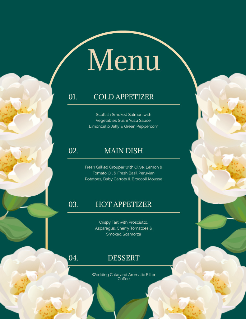 Platilla de diseño Wedding Dishes List on Green Layout with Floral Illustration Menu 8.5x11in