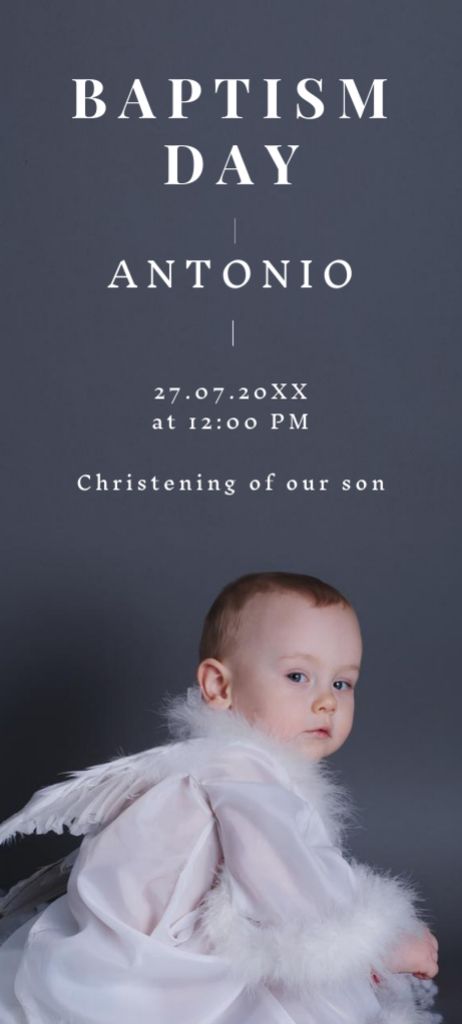 Plantilla de diseño de Baptism Announcement with Cute Newborn in Angel's Costume Invitation 9.5x21cm 