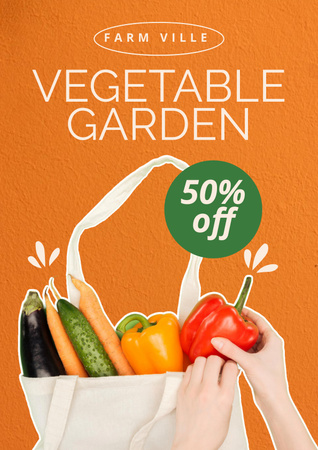 Cotton Bag Full of Ripe Vegetables for Grocery Store Ad Poster Design Template