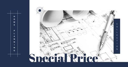 Excellent Building Company Ad with House Blueprints Facebook AD Design Template