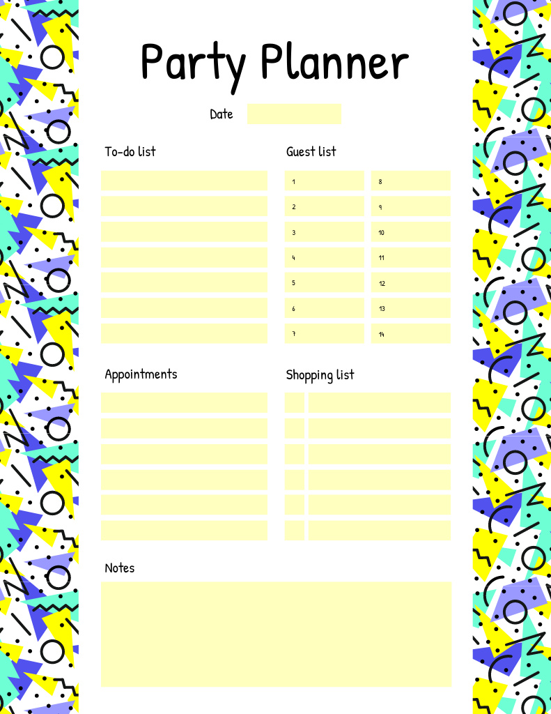 Party Planner on Bright Colourful Pattern Notepad 8.5x11in Design Template