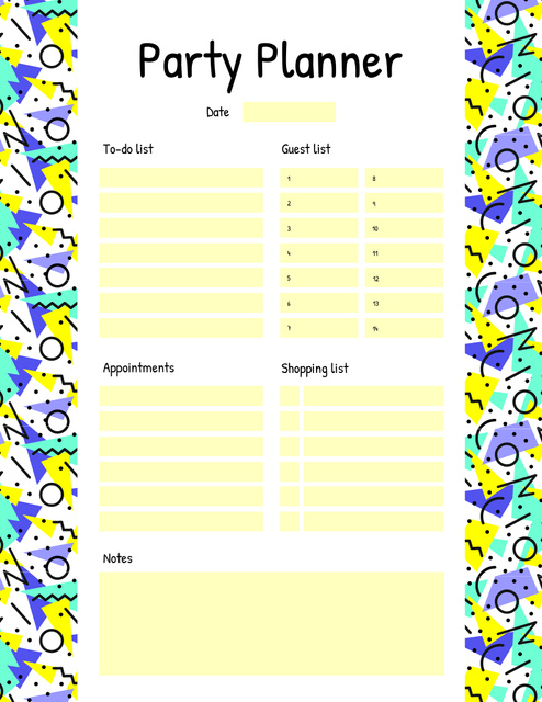 Designvorlage Party Planner on Bright Colourful Pattern für Notepad 8.5x11in