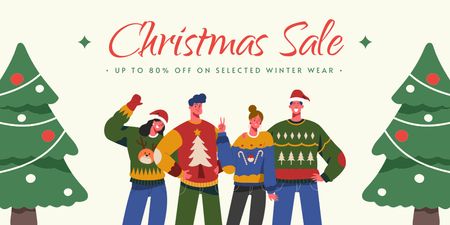 Christmas Sale Offer with Cartoon People Twitter Design Template