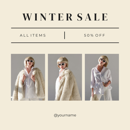 Designvorlage Winter Sale Alle Artikel mit attraktiver Blondine im weißen Pelzmantel für Instagram