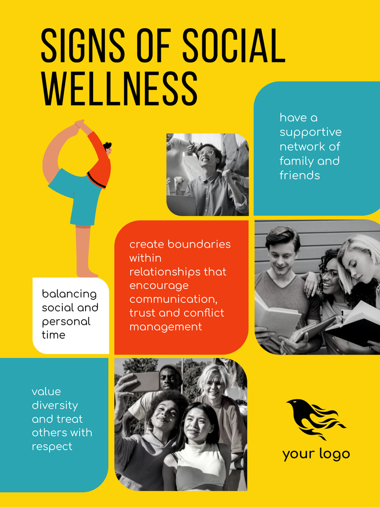 Signs of Social Wellness with Cheerful Youth Poster US – шаблон для дизайна