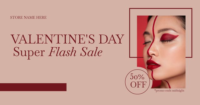 Valentine's Day Super Sale with Beautiful Asian Woman Facebook AD Design Template