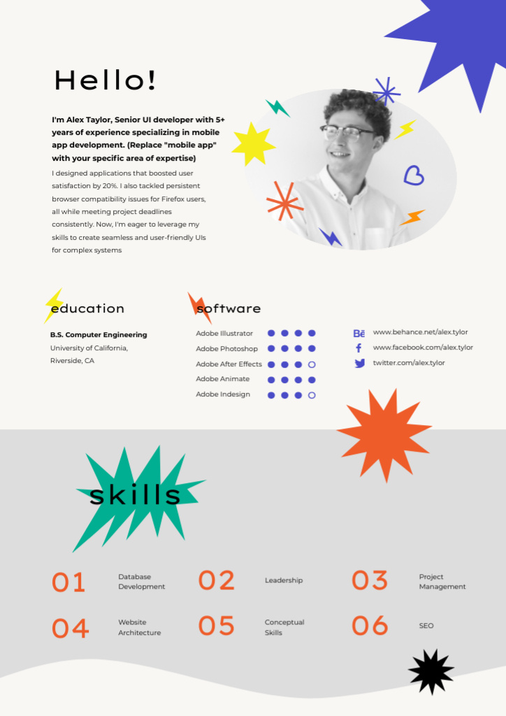 Web Developer Skills and Experience with Bright Stars Resume Design Template