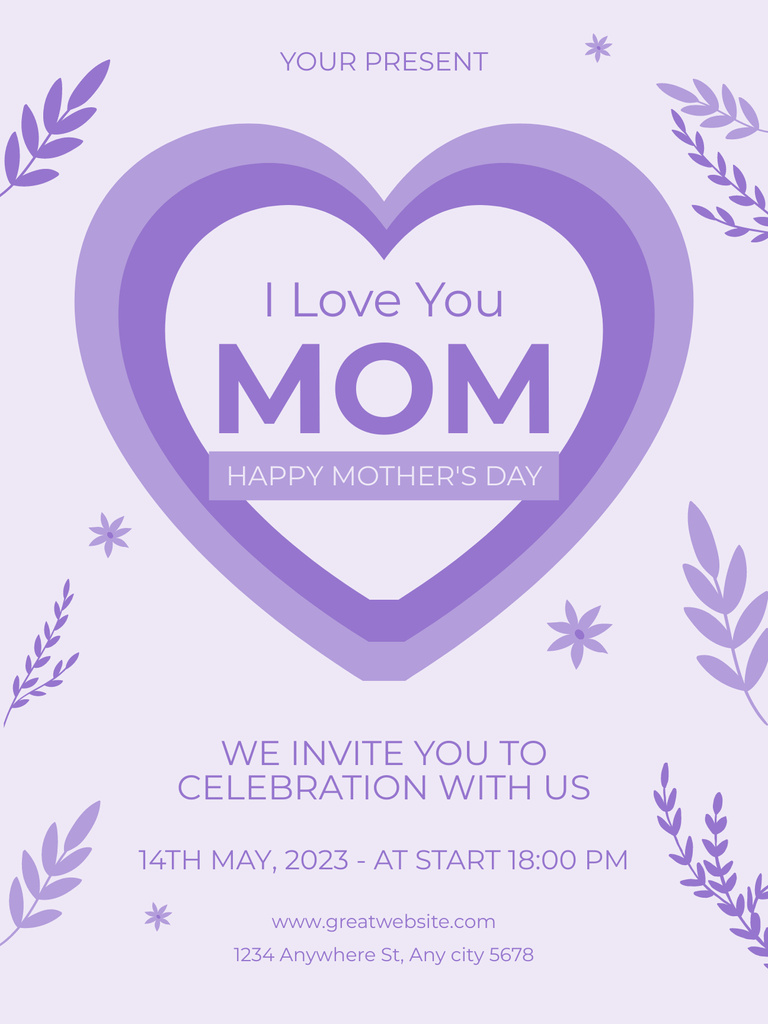 Mother's Day Greeting with Cute Purple Heart Poster US Tasarım Şablonu