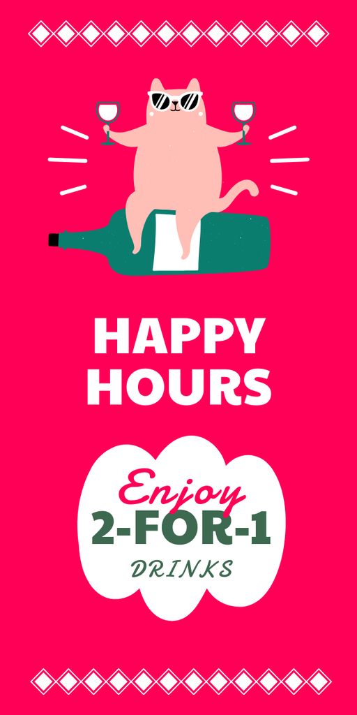Designvorlage Announcement of Happy Hours for Wine with Cheerful Cat in Sunglasses für Graphic