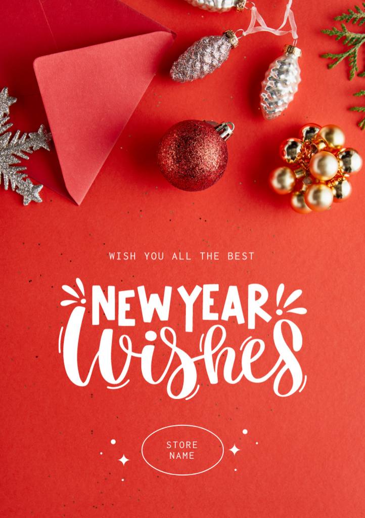 Plantilla de diseño de New Year Greetings with Baubles In Red Postcard A5 Vertical 