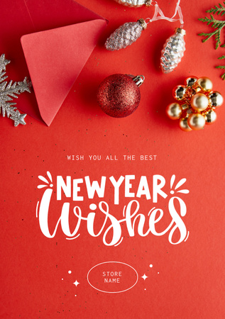 Kırmızı Süslerle Yeni Yıl Selamları Postcard A5 Vertical Tasarım Şablonu