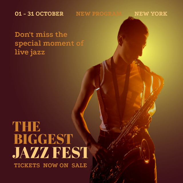 Jazz Festival Announcement with Saxophonist Instagram AD – шаблон для дизайна