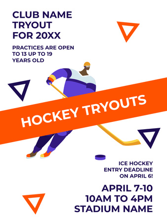 Hockey Tryouts Invitation with Sportsman Poster US Design Template