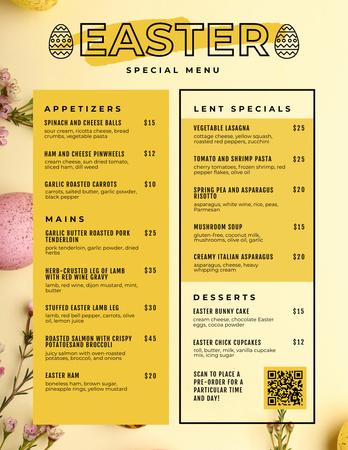 Easter Offer of Special Meals on Yellow Menu 8.5x11in Design Template