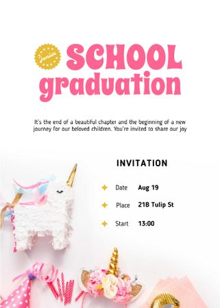 School Graduation Announcement with Cute Unicorns Invitation Design Template