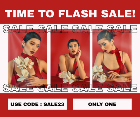 Anúncio Flash de Venda com Mulher em Roupa Vermelha Deslumbrante Facebook Modelo de Design