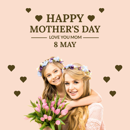 Happy Mother's Day with Mom and Daughter with Flowers Instagram Design Template
