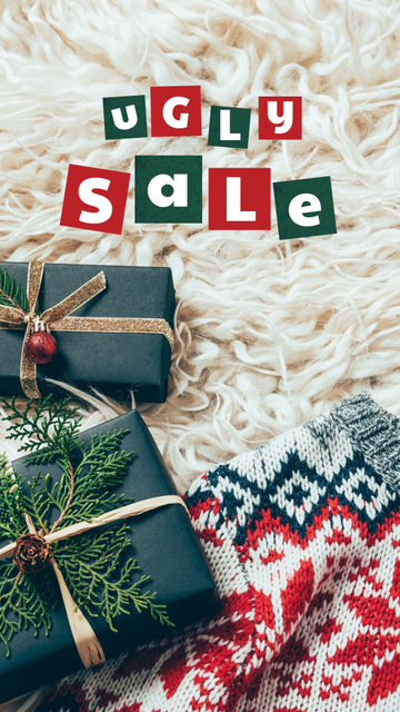 Ontwerpsjabloon van Instagram Story van Winter Sale with Cute Sweater and Gift