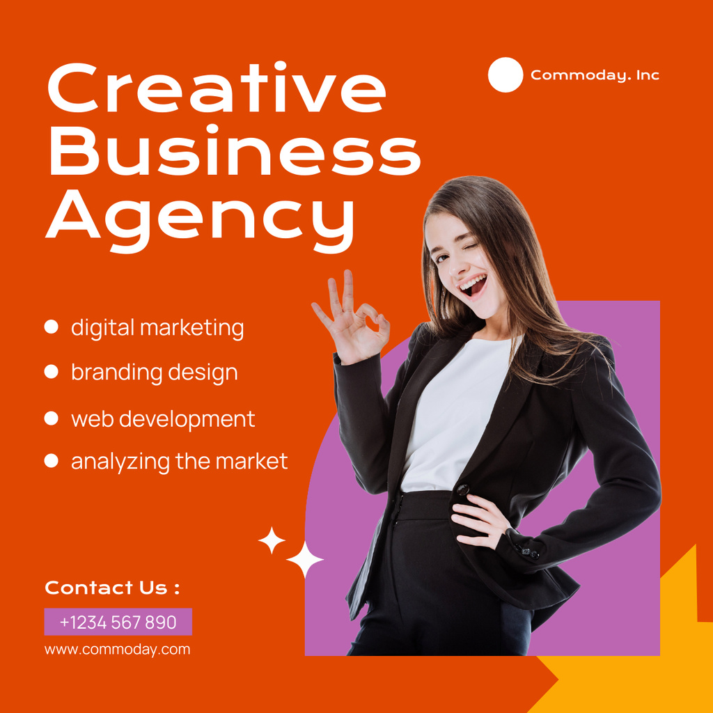 Modèle de visuel Young Cheerful Businesswoman Offers Marketing Agency Services - LinkedIn post