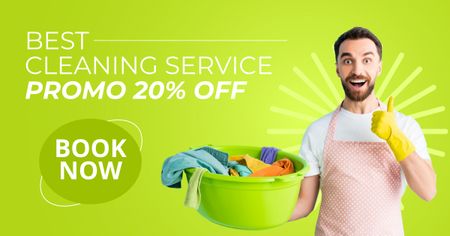 Ontwerpsjabloon van Facebook AD van Cleaning Service Discount Announcement with Attractive Young Man