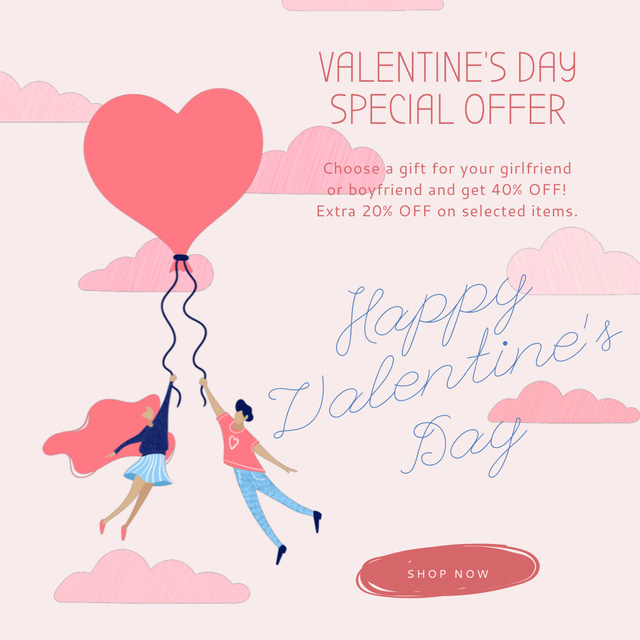 Plantilla de diseño de Couple flying on heart balloon on Valentine's Day Animated Post 
