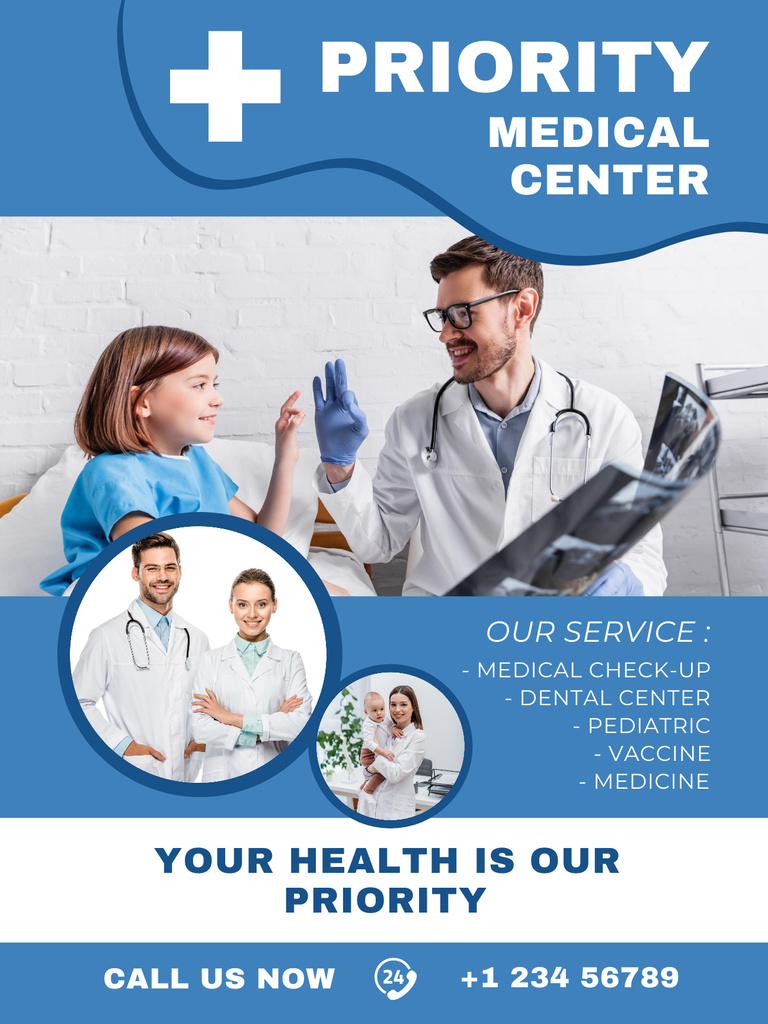 Template di design Medical Care Services Offer with Little Girl in Clinic Poster US